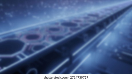 Futuristic digital pathway with hexagonal patterns with illuminated in blue and white.