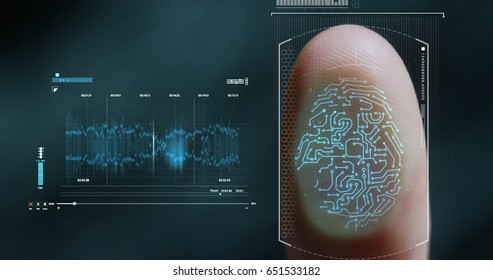 futuristic digital processing of biometric fingerprint scanner. concept of surveillance and security scanning of digital programs and fingerprint biometrics. cyber futuristic applications future voice