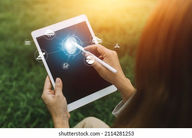 futuristic digital processing of biometric identification fingerprint scanner for access personal financial data. surveillance and security scanning of digital programs cyber futuristic applications