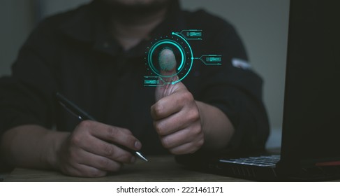futuristic digital processing of biometric identification fingerprint scanner. concept of surveillance and security scanning of digital programs cyber futuristic applications