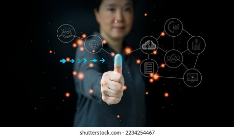 Futuristic digital processing biometric identification fingerprint scanner to access personal financial big data. Connected world digital technology internet of thing, wireless network on touch screen