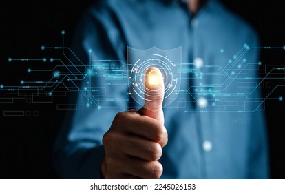 Futuristic digital processing of biometric identification fingerprint scanner. concept of surveillance and security scanning of digital programs cyber futuristic applications.
