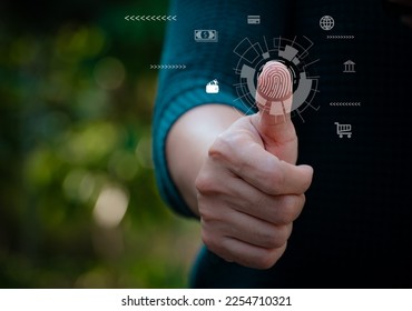 futuristic digital processing of biometric identification fingerprint scanner for access personal financial data. surveillance and security scanning of digital programs cyber futuristic applications.
