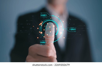 futuristic digital processing of biometric identification fingerprint scanner. concept of surveillance and security scanning of digital programs cyber futuristic applications