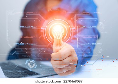 futuristic digital processing of biometric identification fingerprint scanner. Concept  Digital transformation for next generation technology.surveillance and security scanning of digital futuristic