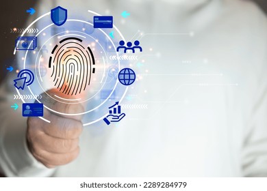 Futuristic digital processing of biometric identification fingerprint scan for access to personal financial data. Surveillance and security scanning of digital programs cyber futuristic application