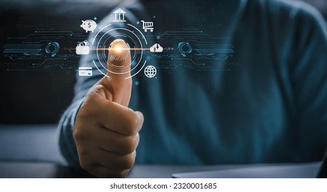 Futuristic digital processing of biometric identification fingerprint scanner for access personal financial data. surveillance and security scanning of digital programs cyber futuristic applications