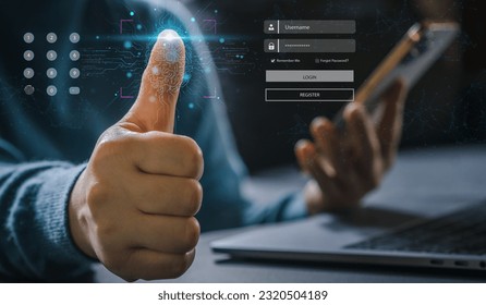 Futuristic digital processing of biometric identification fingerprint scanner for access personal financial data. surveillance and security scanning of digital programs cyber futuristic applications