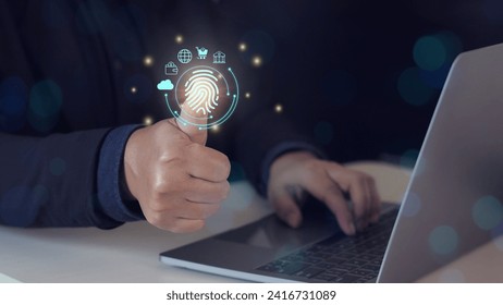 futuristic digital processing of biometric identification fingerprint scanner for access personal financial data. surveillance and security scanning of digital programs cyber futuristic applications
