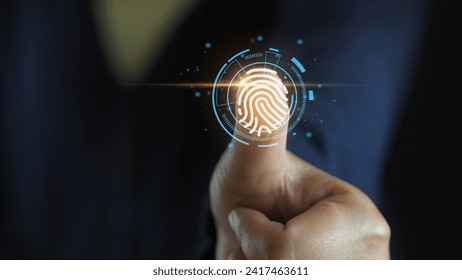 futuristic digital processing of biometric identification fingerprint scanner. concept of surveillance and security scanning of digital programs cyber futuristic applications
