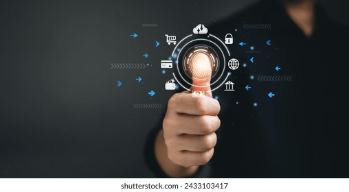 futuristic digital processing of biometric identification fingerprint scanner for access personal financial data. surveillance and security scanning ofdigital programs cyber futuristic applications