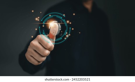 futuristic digital processing of biometric identification fingerprint scanner. concept of surveillance and security scanning of digital programs cyberfuturistic applications