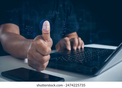 futuristic digital processing of biometric identification fingerprint scanner. concept of surveillance and security scanning of digital program cyber futuristic application. web technology detective.