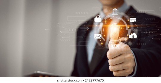 futuristic digital processing of biometric identification fingerprint scanner for access personal financial data. surveillance and security scanning of digital programs cyber futuristic applications - Powered by Shutterstock - Get 15% off with code: PIKWIZARD15