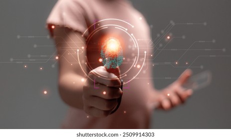 futuristic digital processing of biometric identification fingerprint scanner. concept of surveillance and security scanning of digital programs cyber futuristic applications - Powered by Shutterstock - Get 15% off with code: PIKWIZARD15