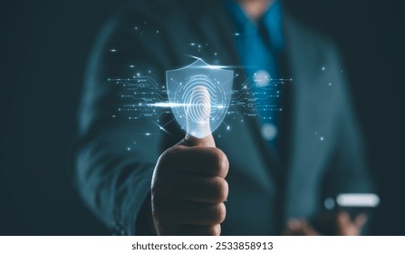 futuristic digital processing of biometric identification fingerprint scanner. concept of surveillance and security scanning of digital programs cyber futuristic applications