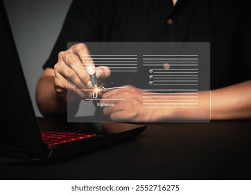 Futuristic digital signature concept with holographic interface, highlighting online contracts, paperwork management, and secure e-signature technology for businesses.