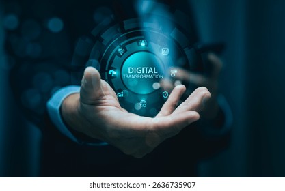 Futuristic digital transformation interface hovering above businessman hand, showing innovation, technology icons, and data connectivity for business growth, automation, and AI integration