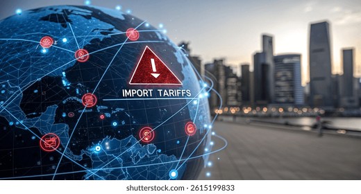 futuristic digital visualization of global import tariffs and trade data