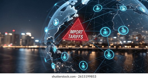 futuristic digital visualization of global import tariffs and trade data