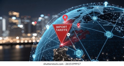 futuristic digital visualization of global import tariffs and trade data