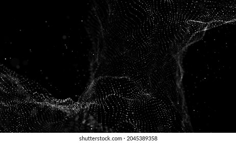 Futuristic digital wave with dots. Dark cyberspace. Abstract music background. Big data visualisation with particle flow. 3d rendering.