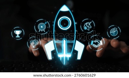 Futuristic Digital Workspace with Rocket Icon and Business Symbols Depicting Innovation, Growth, and Strategy in Tech Environment Sigmoid