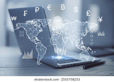 Futuristic digital world map and currency symbols overlaying a laptop with charts and graphs, on a desk. Concept of global finance