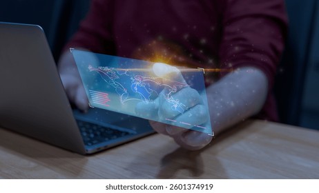 Futuristic Digital World Map with Global Connectivity and Data Visualization