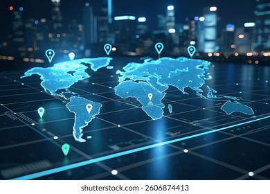 Futuristic Digital World Map with Location Markers and Glowing Blue Grid in a High-Tech Cityscape
