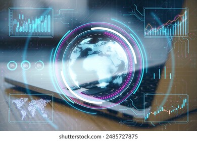 A futuristic digital world map surrounded by various charts and data analytics visualizations on a dynamic cyber-style background, expressing the concept of global connectivity and data analysis