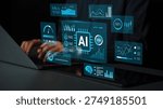 Futuristic display of artificial intelligence data analysis on a laptop screen, showcasing charts, graphs, and advanced technology interfaces for innovation. Gluon.