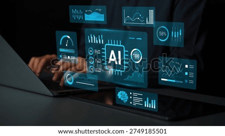 Futuristic display of artificial intelligence data analysis on a laptop screen, showcasing charts, graphs, and advanced technology interfaces for innovation. Gluon.