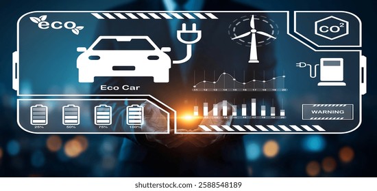Futuristic display of an eco-friendly car concept featuring a digital interface that highlights renewable energy, battery levels, and environmental data visualization.