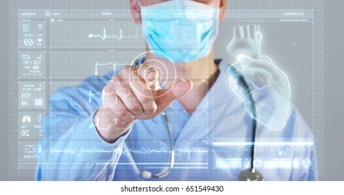 A futuristic doctor, a surgeon, looks at a technological digital holographic monitor, a hologram heartbeat, a medical mask, a blue robe Concept futuristic medicine, doctors, laboratory future science  - Powered by Shutterstock