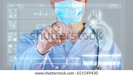 A futuristic doctor, a surgeon, looks at a technological digital holographic monitor, a hologram heartbeat, a medical mask, a blue robe Concept futuristic medicine, doctors, laboratory future science 