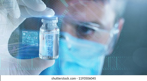 A futuristic doctor with syringe picks up the DNA from a test tube and appears a hologram of a patient's DNA. Concept: Futuristic medicine, medical care, future, dna, kinship, family