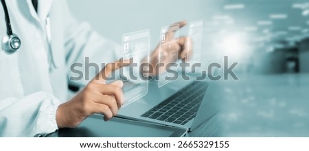 Futuristic EMR interface concept showing doctor interacting with transparent digital patient records using laptop, displaying medical data in modern clinical environment with blue lighting.