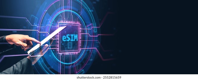 Futuristic eSIM concept with neon microchip interface, glowing lines, and a person using a tablet, displayed on a dark digital background - Powered by Shutterstock - Get 15% off with code: PIKWIZARD15
