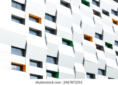 futuristic facade design template exterior building elements of geometric shapes colorful window frames and general white wall perspective background - Powered by Shutterstock