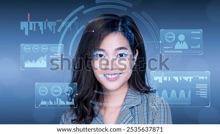 Futuristic face ID detection recognition technology, security access and individual personal concept. Asian businesswoman face scanned for granted access and identification, at work office.