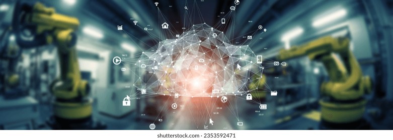 Futuristic factory and cloud computing concept. Robotic automation. Wide angle visual for banners or advertisements.