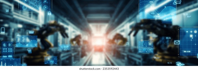 Futuristic factory and digital technology concept. Robotic automation. Wide angle visual for banners or advertisements.