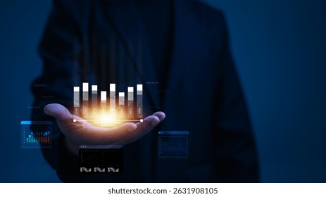 Futuristic Financial Data Dark Blue Suit Executive With Glowing Bar Graph Information Display