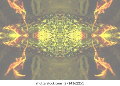 Futuristic forest core interface with mirrored ember leaf symmetry

