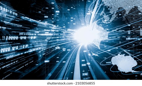Futuristic global network and tacit digital data transfer 3D graphic . Concept of smart digital transformation and technology disruption that changes global trends in new information era .