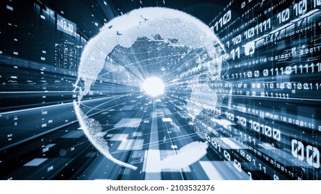 Futuristic global network and tacit digital data transfer 3D graphic . Concept of smart digital transformation and technology disruption that changes global trends in new information era .