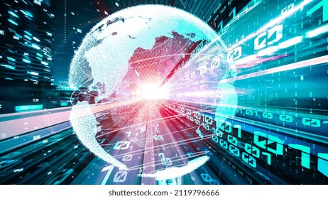Futuristic global network and tacit digital data transfer 3D graphic . Concept of smart digital transformation and technology disruption that changes global trends in new information era .