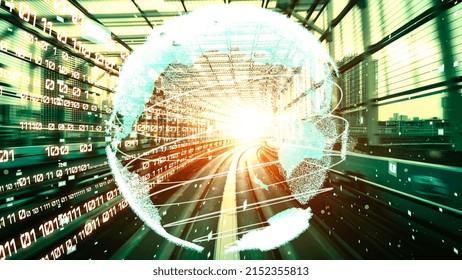 Futuristic global network and tacit digital data transfer 3D graphic . Concept of smart digital transformation and technology disruption that changes global trends in new information era .
