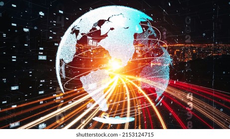 Futuristic global network and tacit digital data transfer 3D graphic . Concept of smart digital transformation and technology disruption that changes global trends in new information era .